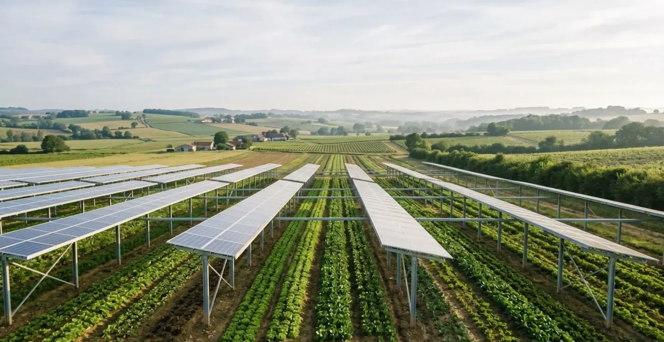 Installation agrivoltaïque avec panneaux solaires surélevés au-dessus d'une culture agricole sous un ciel lumineux