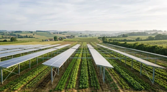 Installation agrivoltaïque avec panneaux solaires surélevés au-dessus d'une culture agricole sous un ciel lumineux