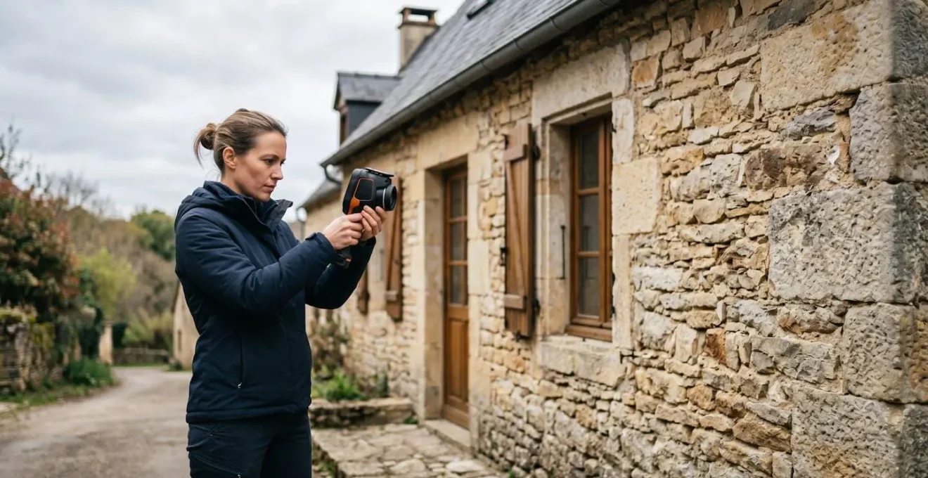 Professionnel réalisant un audit énergétique sur une maison ancienne en France avec caméra thermique