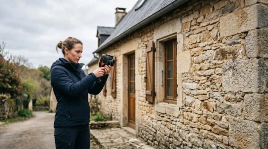 Professionnel réalisant un audit énergétique sur une maison ancienne en France avec caméra thermique