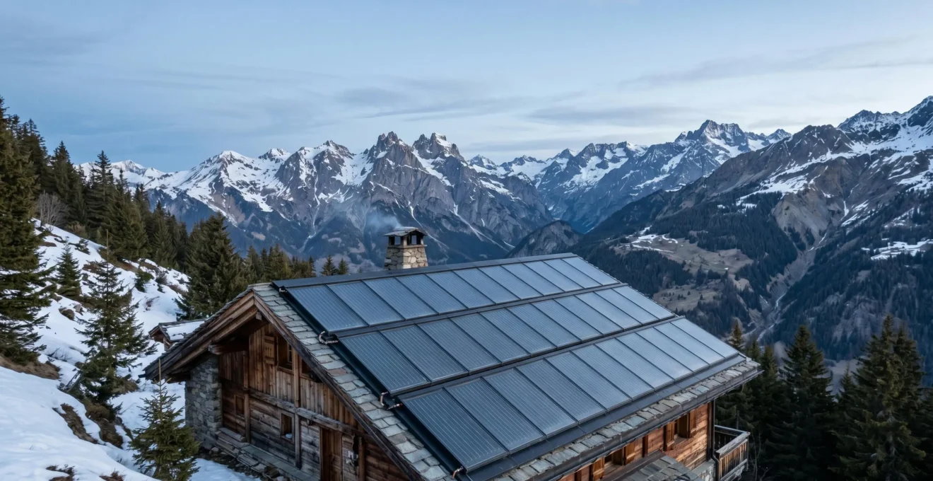 Installation de capteurs solaires thermiques sur une toiture en pente dans un paysage de montagne enneigé
