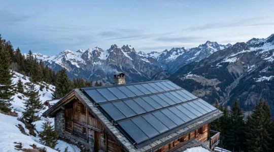 Installation de capteurs solaires thermiques sur une toiture en pente dans un paysage de montagne enneigé