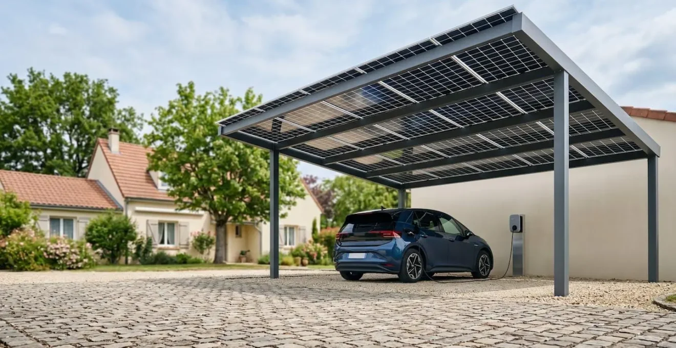 Carport solaire moderne protégeant un véhicule électrique en charge sous un ciel français