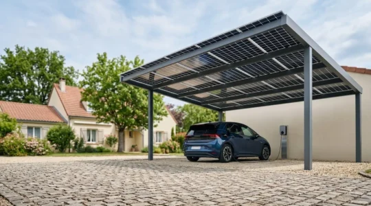 Carport solaire moderne protégeant un véhicule électrique en charge sous un ciel français