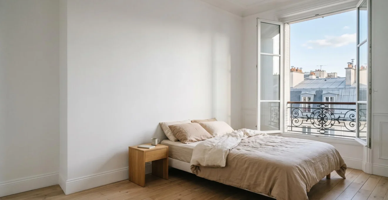 Chambre contemporaine avec fenêtre grande ouverte laissant entrer la lumière naturelle et l'air frais, symbolisant l'aération et la qualité de l'air intérieur