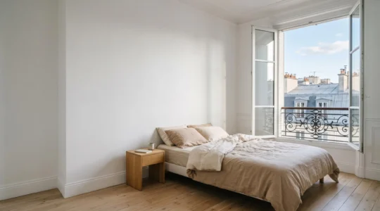 Chambre contemporaine avec fenêtre grande ouverte laissant entrer la lumière naturelle et l'air frais, symbolisant l'aération et la qualité de l'air intérieur
