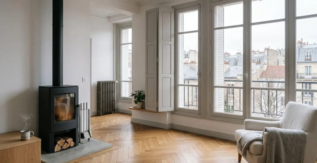 Scène d'habitat français avec poêle à bois moderne et air ambiant épuré