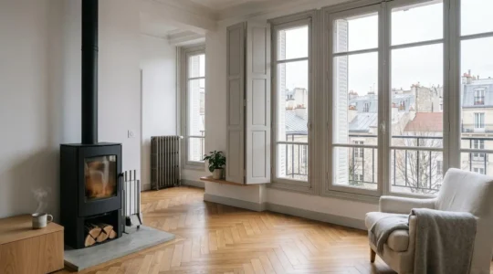 Scène d'habitat français avec poêle à bois moderne et air ambiant épuré