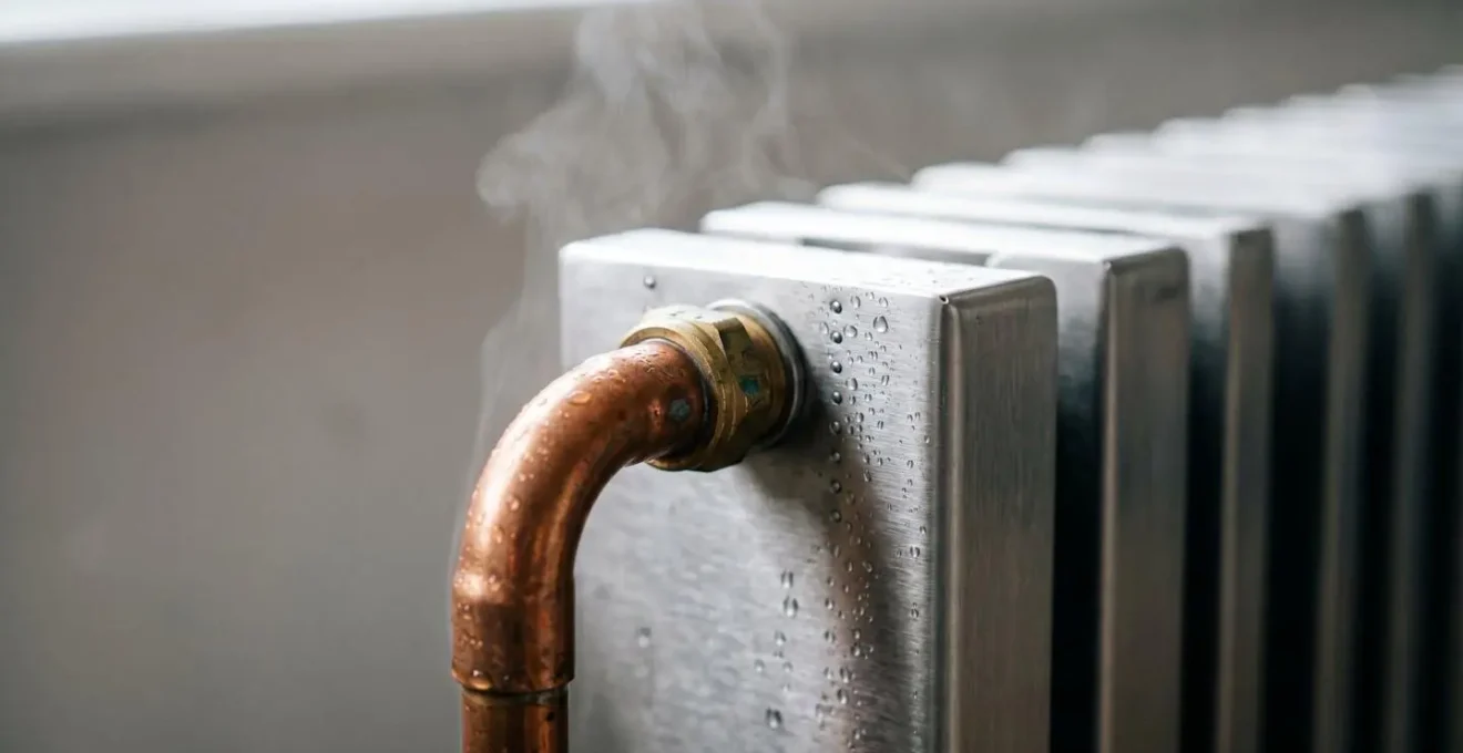 Gros plan sur un radiateur moderne avec tuyauterie de chauffage, éclairage doux et vapeur subtile symbolisant l'efficacité du chauffage basse température