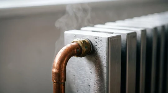 Gros plan sur un radiateur moderne avec tuyauterie de chauffage, éclairage doux et vapeur subtile symbolisant l'efficacité du chauffage basse température