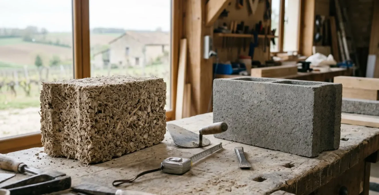 Comparaison visuelle entre matériaux de construction biosourcés et traditionnels pour une extension de maison écologique