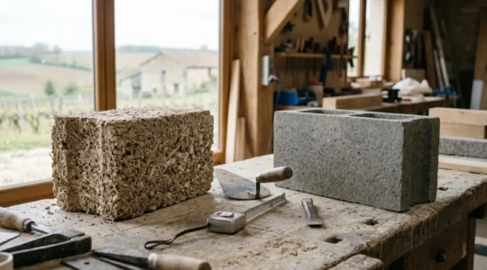 Comparaison visuelle entre matériaux de construction biosourcés et traditionnels pour une extension de maison écologique