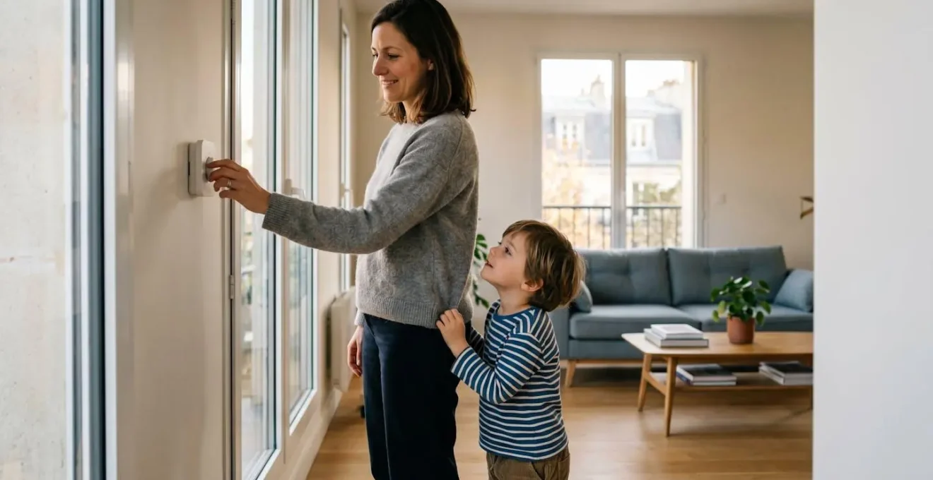 Ambiance familiale chaleureuse dans un intérieur moderne français avec réglage température optimal