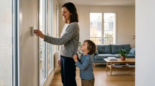 Ambiance familiale chaleureuse dans un intérieur moderne français avec réglage température optimal