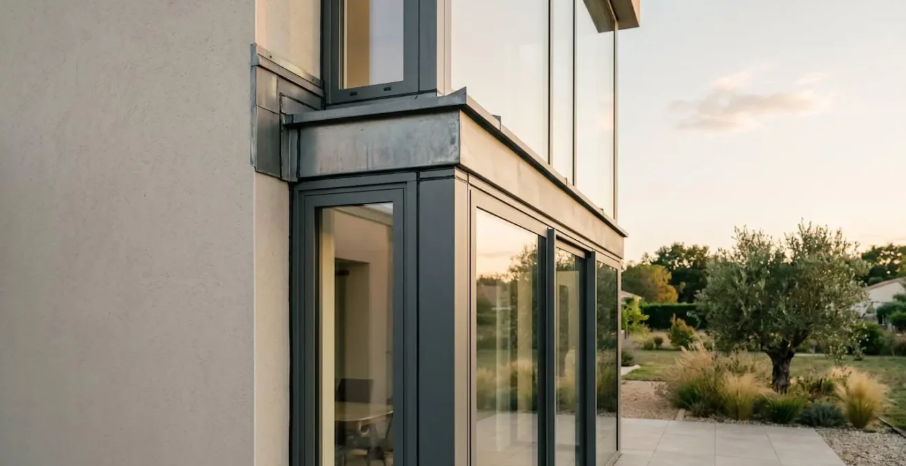 Détail architectural d'une enveloppe de bâtiment moderne montrant les jonctions critiques pour l'étanchéité à l'air