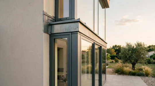 Détail architectural d'une enveloppe de bâtiment moderne montrant les jonctions critiques pour l'étanchéité à l'air