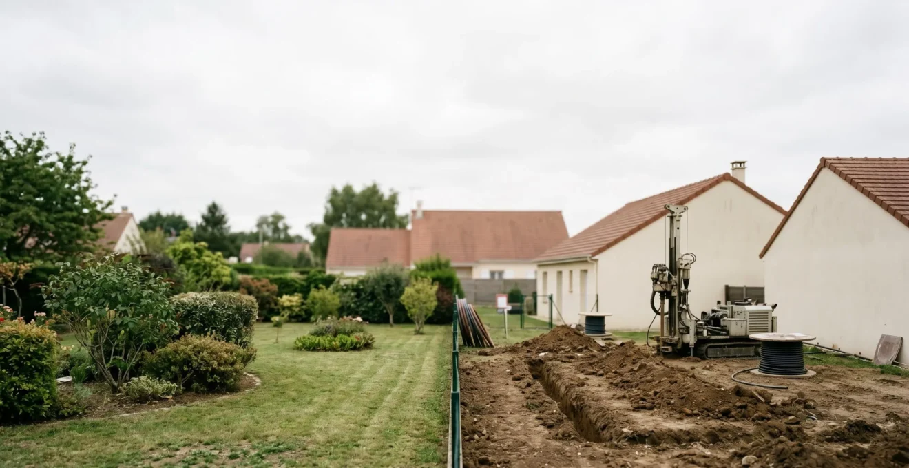Installation géothermique dans un jardin résidentiel français montrant l'impact sur le paysage