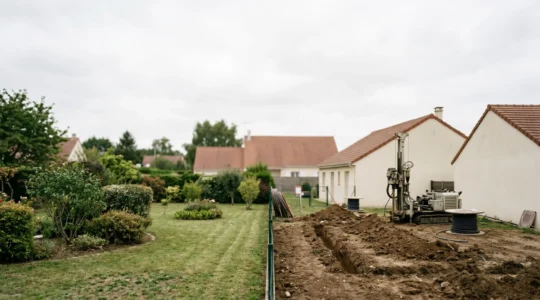 Installation géothermique dans un jardin résidentiel français montrant l'impact sur le paysage
