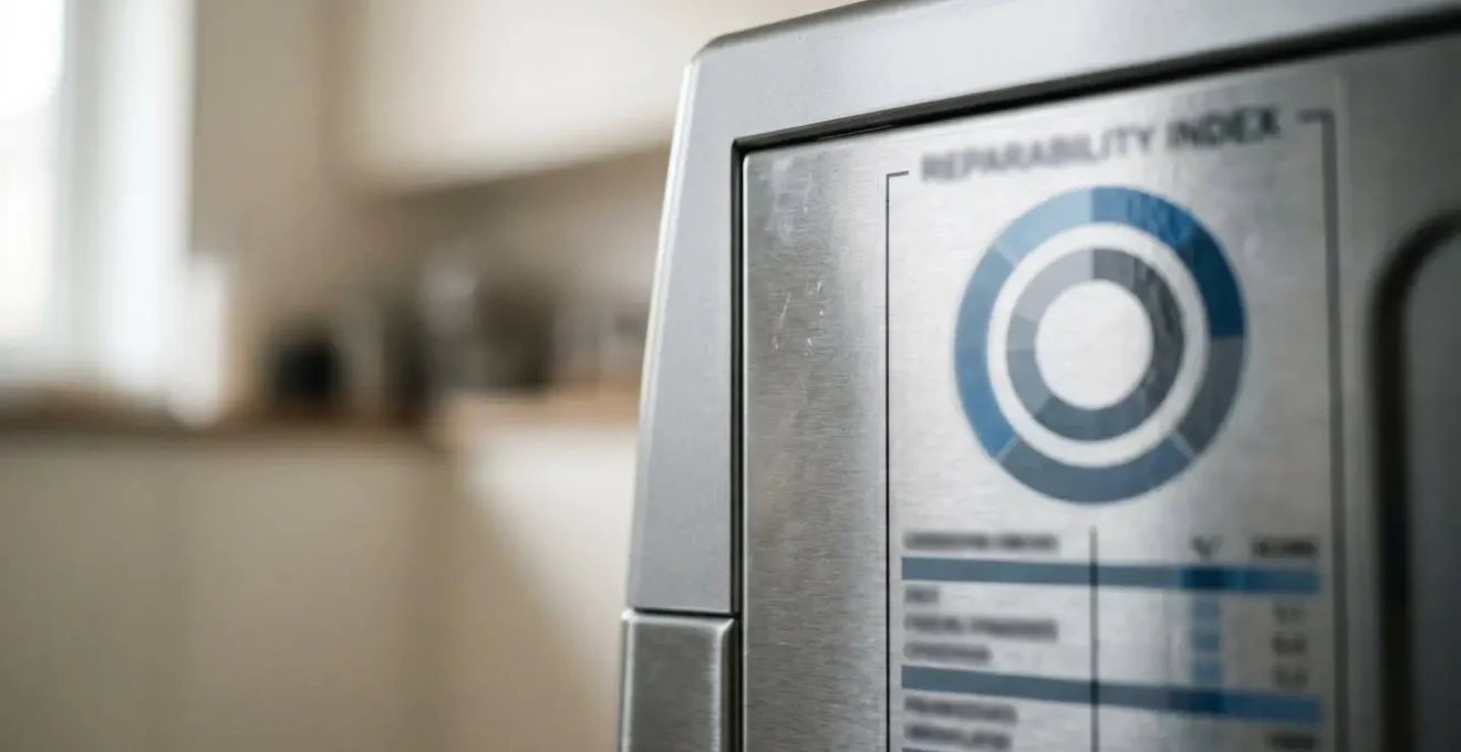 Gros plan sur l'étiquette d'indice de réparabilité d'un lave-linge moderne, symbole de durabilité et d'économie circulaire