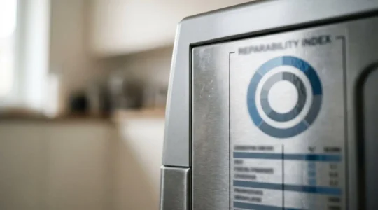 Gros plan sur l'étiquette d'indice de réparabilité d'un lave-linge moderne, symbole de durabilité et d'économie circulaire