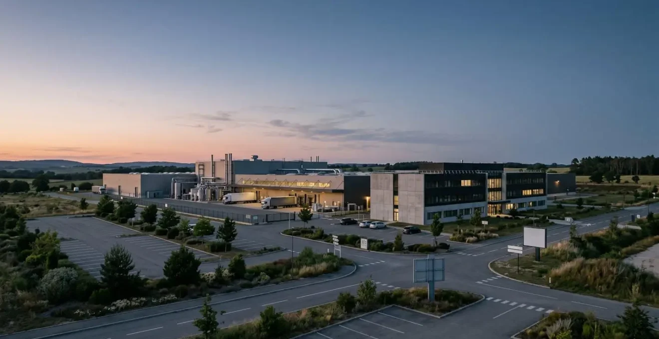 Site industriel français moderne avec équipements de production et zones tertiaires représentant la décarbonation énergétique