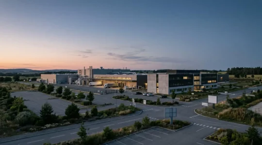 Site industriel français moderne avec équipements de production et zones tertiaires représentant la décarbonation énergétique