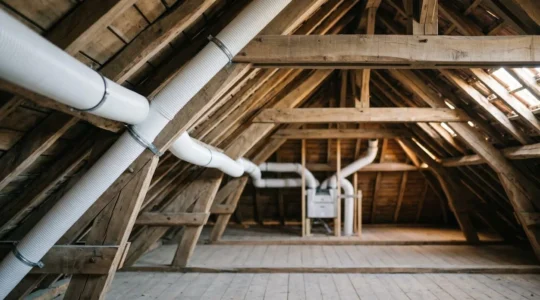 Installation complexe d'une ventilation mécanique contrôlée double flux dans les combles d'une maison en rénovation