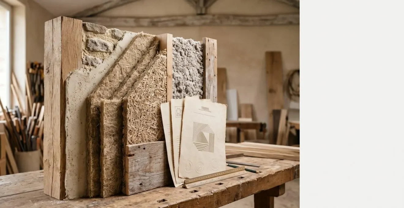 Détail de matériaux d'isolation biosourcés dans une construction avec documents réglementaires