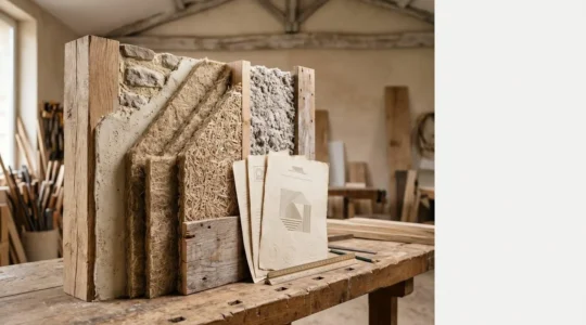 Détail de matériaux d'isolation biosourcés dans une construction avec documents réglementaires