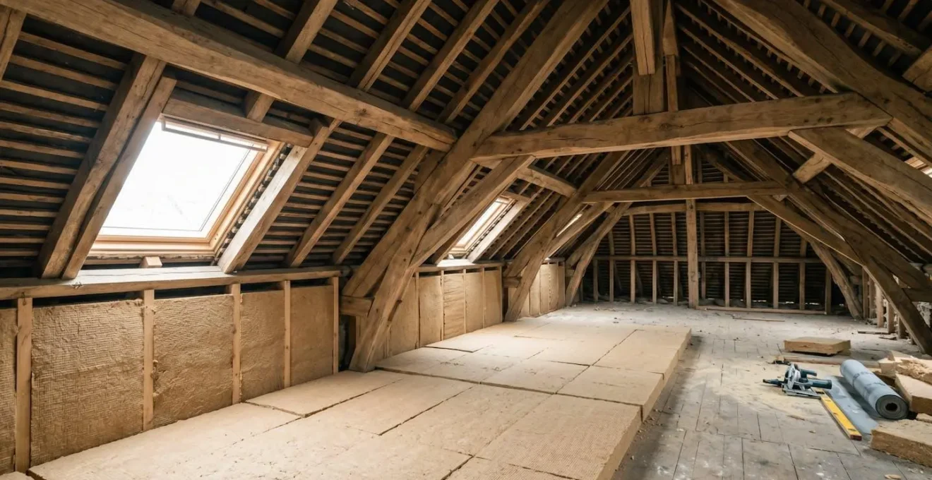 Isolation de combles avec panneaux de laine de bois haute densité sous une charpente traditionnelle française