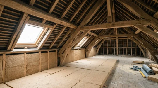 Isolation de combles avec panneaux de laine de bois haute densité sous une charpente traditionnelle française