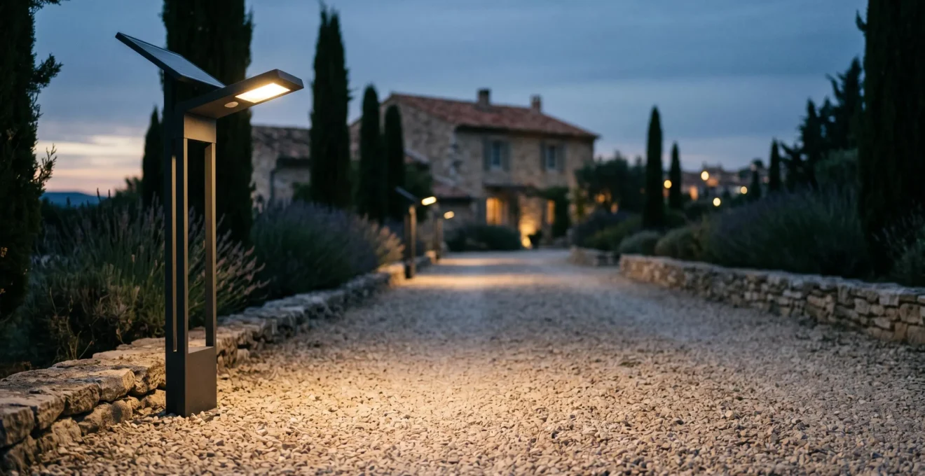 Lampadaire solaire moderne illuminant une allée privée française au crépuscule