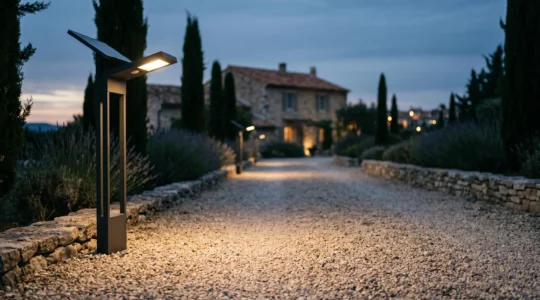 Lampadaire solaire moderne illuminant une allée privée française au crépuscule