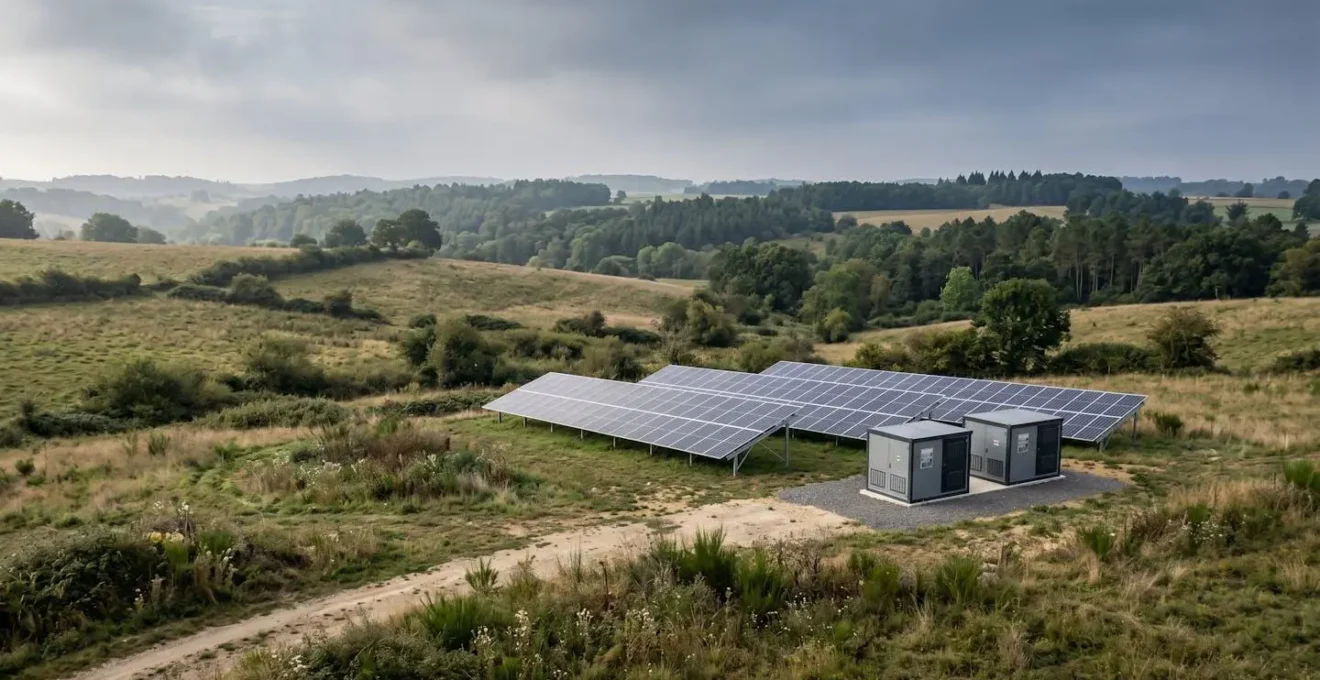 Installation solaire autonome sur terrain rural français avec panneaux photovoltaïques et stockage batterie