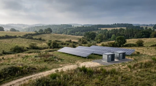 Installation solaire autonome sur terrain rural français avec panneaux photovoltaïques et stockage batterie