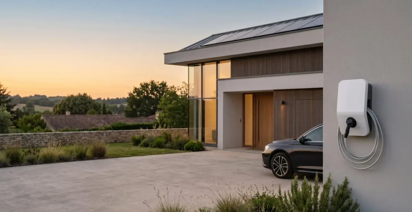 Maison individuelle moderne avec installation électrique complète et borne de recharge pour véhicule électrique