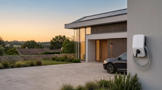 Maison individuelle moderne avec installation électrique complète et borne de recharge pour véhicule électrique