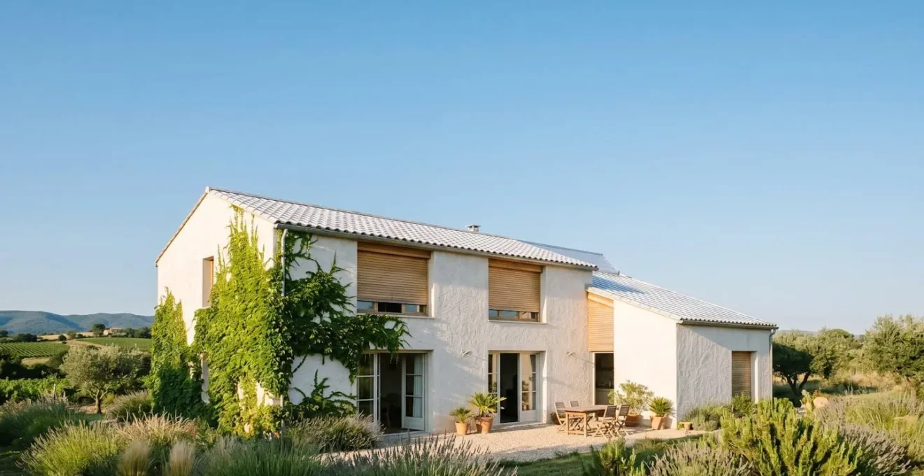 Maison contemporaine avec protections solaires naturelles et ventilation traversante pour un confort d'été sans climatisation