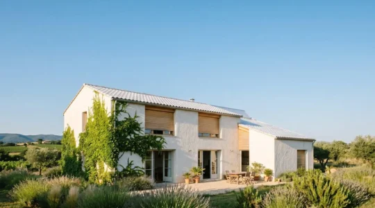Maison contemporaine avec protections solaires naturelles et ventilation traversante pour un confort d'été sans climatisation