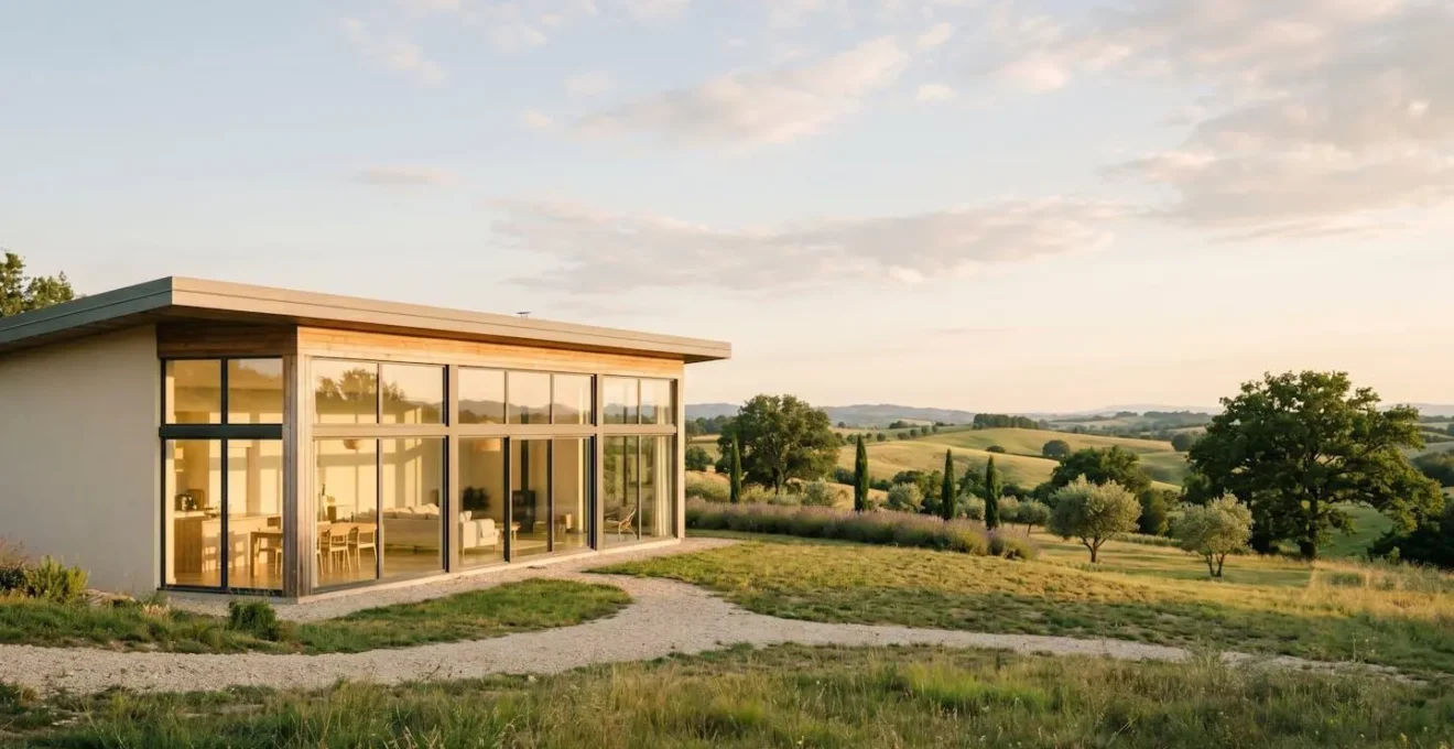 Maison moderne aux grandes baies vitrées orientées sud captant la lumière naturelle dans un environnement bioclimatique français