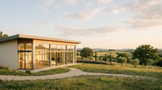 Maison moderne aux grandes baies vitrées orientées sud captant la lumière naturelle dans un environnement bioclimatique français