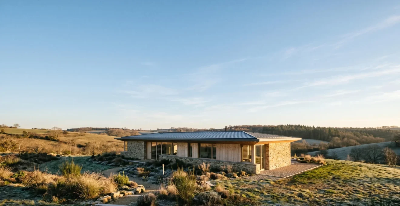 Maison contemporaine avec grandes baies vitrées orientées sud, entourée d'un paysage naturel français