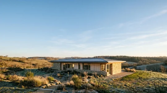 Maison contemporaine avec grandes baies vitrées orientées sud, entourée d'un paysage naturel français