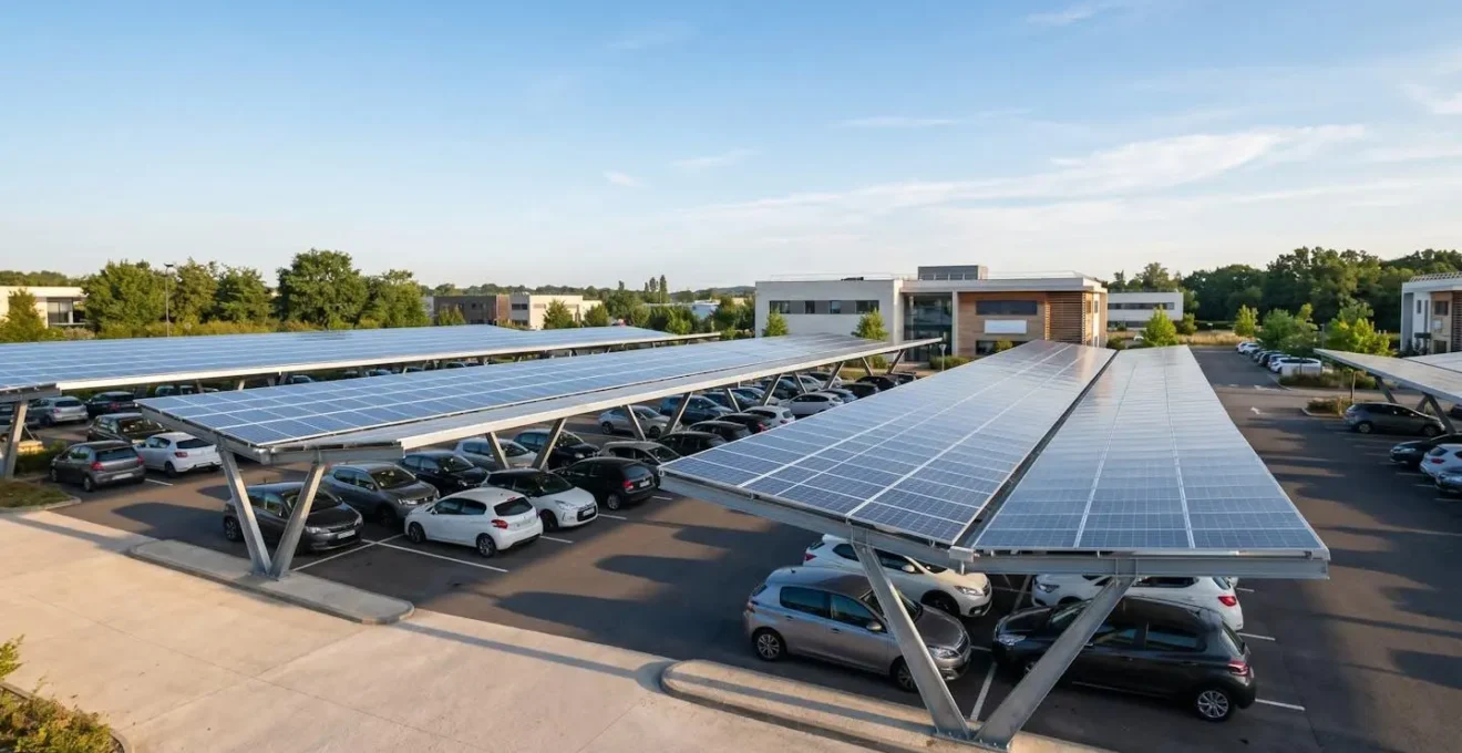 Ombrières photovoltaïques installées sur un parking d'entreprise en France avec des panneaux solaires modernes