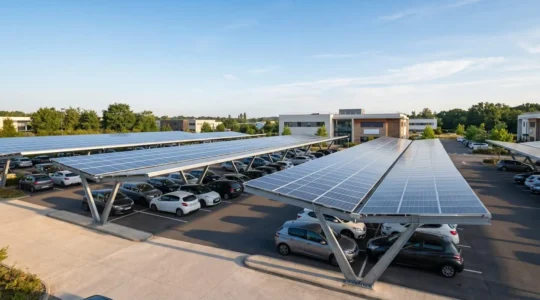 Ombrières photovoltaïques installées sur un parking d'entreprise en France avec des panneaux solaires modernes