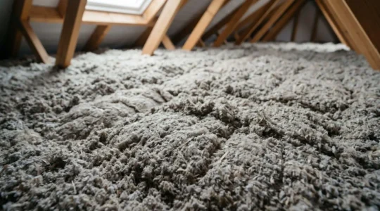 Isolation de combles perdus par soufflage de ouate de cellulose : répartition homogène de l'isolant biosourcé sur plancher