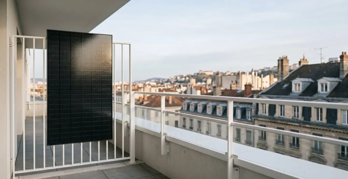 Kit solaire plug and play installé sur balcon d'appartement moderne avec vue urbaine française