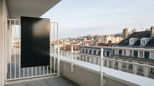 Kit solaire plug and play installé sur balcon d'appartement moderne avec vue urbaine française
