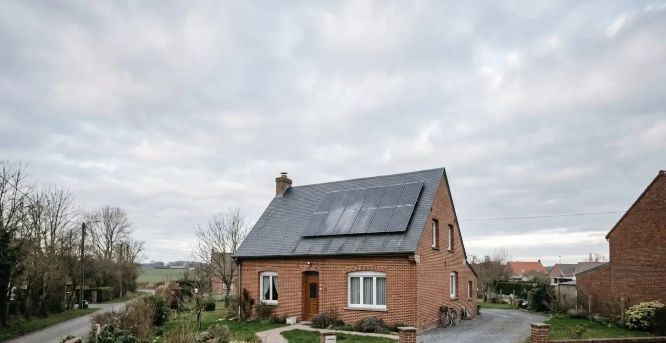 Installation de panneaux solaires photovoltaïques sur une toiture de maison typique du Nord de la France sous un ciel nuageux lumineux