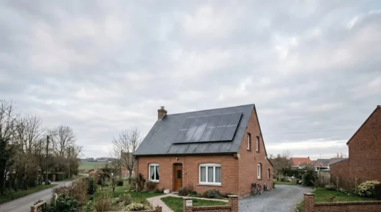 Installation de panneaux solaires photovoltaïques sur une toiture de maison typique du Nord de la France sous un ciel nuageux lumineux